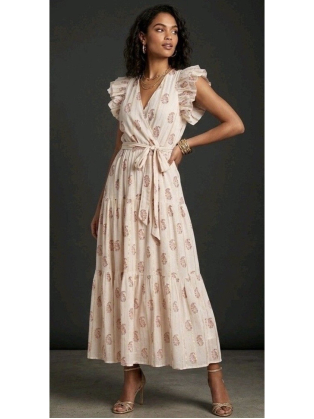 A Loves A Girls Floral Paisley Maxi Dress 14 Ruffle Sleeve Belted Boho Metallic